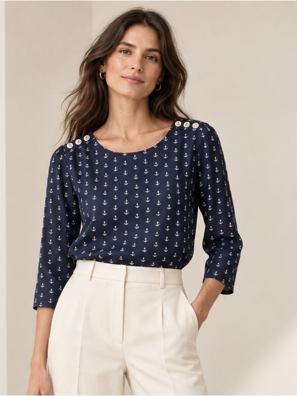 J. CREW Navy Anchor Print Blouse Shoulder Button Top XS